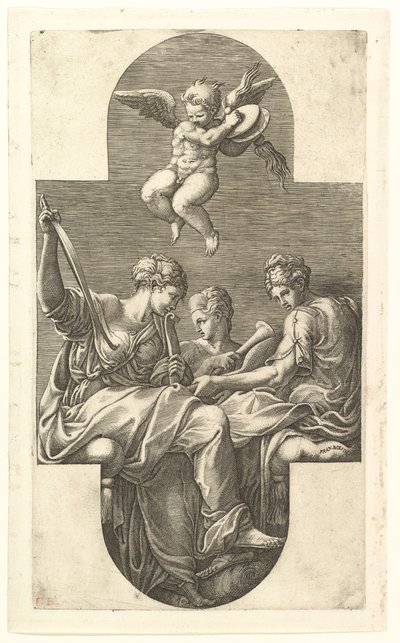 Three Muses and a Putto with Cymbals, en korsformet komposisjon, fra en serie på åtte kom..., 1560-tallet. av Giorgio Ghisi