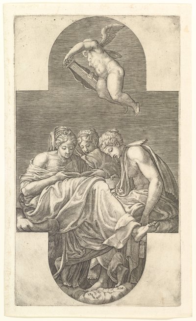 Three Muses and a Putto with a Lyre, en korsformet komposisjon, fra en serie på åtte komp..., 1560-tallet. av Giorgio Ghisi