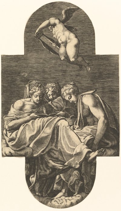 Tre muser og en putto over med en lyre, fra en serie på åtte komposisjoner etter Fran..., 1560-tallet. av Giorgio Ghisi
