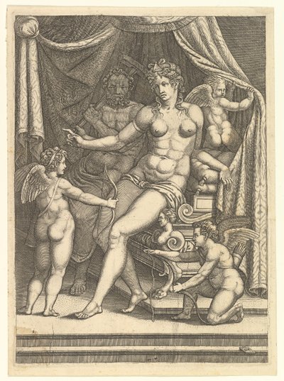 Venus og Vulcan sitter på en seng og tre putti, midten av 1550-tallet. av Giorgio Ghisi