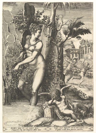 Venus stukket av tornene på en rosebusk, i bakgrunnen Mars jager Adonis, i ..., 1556. av Giorgio Ghisi