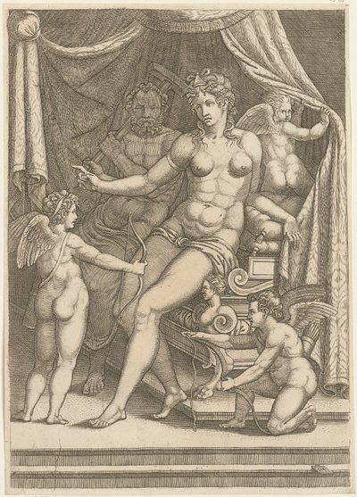 Venus og Vulkan sittende på en seng av Giorgio Ghisi