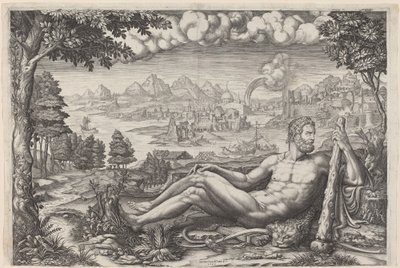 Hercules hviler fra sitt arbeid av Giorgio Ghisi after Giulio Romano