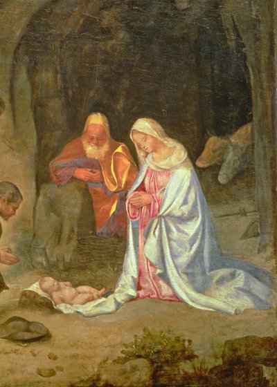 Tilbedelse av hyrdene, detalj av den hellige familie, ca. 1510 (panel) (detalj av 68685) av Giorgio Giorgione