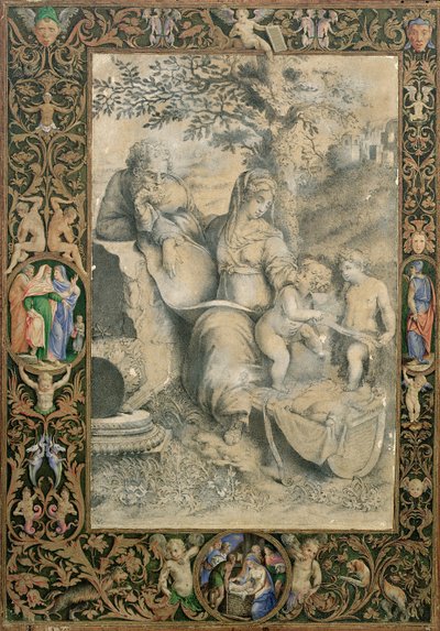 Kant til et opplyst manuskript rundt en tegning etter Rafaels The Holy family under the Oak (tilskrevet Clovio), av Giorgio Giulio Clovio