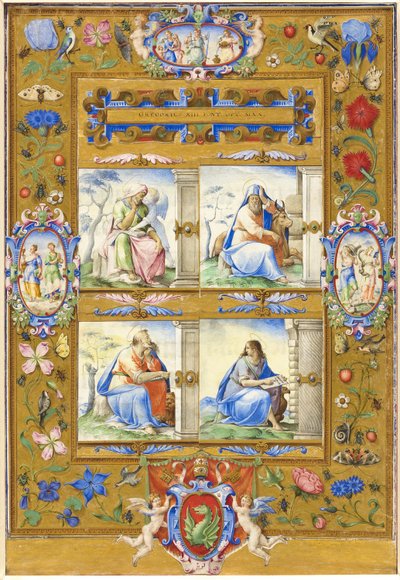 De fire evangelistene, innenfor en grense av blomster, fugler og insekter av Giorgio Giulio Clovio