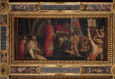 Clemente IV overlater insignaet sitt til kapteinene i Guelph-delen av Giorgio Vasari