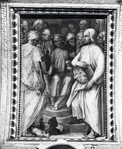 Cosimo de Medici sitter blant filosofer og kunstnere i Sala di Cosimo il Vecchio av Giorgio Vasari