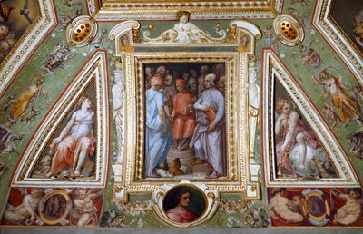 Detalj av rommet til Cosimo de Medicis som representerer seg selv med kunstnere og intellektuelle (fresko av Giorgio Vasari