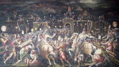 Italia, Firenze, Palazzo Vecchio (gamle palasset), Salone dei Cinquecento, inntak av fortet nær Port Camollia i Siena av Giorgio Vasari