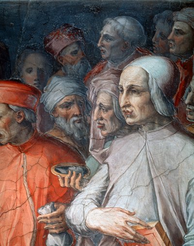 Marsilio Ficino flankert av Paolo del Pozzo Toscanelli, detalj av Cosimo den eldste blant filosofer og kunstnere av Giorgio Vasari