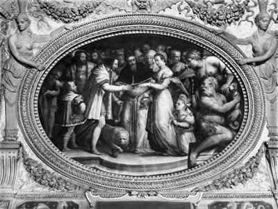 Pave Clement VII (1478-1534) giftet seg med Catherine de Medici (1519-1589) og Henri II av Frankrike (1519-59) 28. oktober 1533, fra Sala di Clemente VII (se også 135388) av Giorgio Vasari