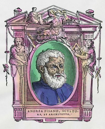 Portrett av Andrea Pisano (1290-1349) italiensk skulptør og arkitekt. Gravering av godbiten "" Livene til de mest utmerkede malere, skulptører og arkitekter "" (Le Vite de' piu eccellenti pittori, scultori e architettori) av Giorgio av Giorgio Vasari