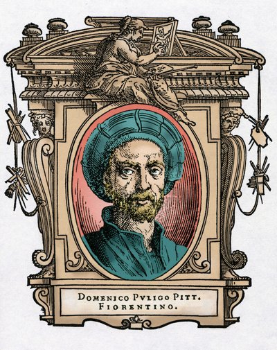 Portrett av Domenico PULIGO [1492-1527] italiensk maler. Gravering av godbiten "" Livene til de mest utmerkede malere, skulptører og arkitekter "" (Le Vite de' piu eccellenti pittori, scultori e architettori) av Giorgio Vasari av Giorgio Vasari