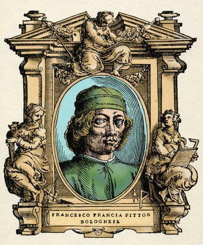 Portrett av Francesco FRANCIA (1450-1517) italiensk maler. Gravering av avhandlingen "" Livene til de mest utmerkede malere, skulptører og arkitekter "" (Le Vite de' piu eccellenti pittori, scultori e architettori) av Giorgio Vasari av Giorgio Vasari