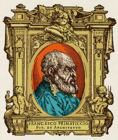 Portrett av Francesco Primaticcio kjent som The Primatice (1504-1570) maler, skulptør og arkitekt. Han var medlem av Ecole de Fontainebleau. Gravering av godbiten "" Livene til de mest utmerkede malere, skulptører og arkitekter "" (Le Vite de