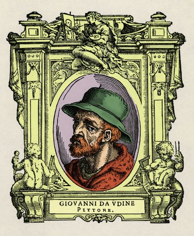 Portrett av Giovanni da Udine (Giovanni Nanni) (1487-1564). Italiensk maler og arkitekt. Gravering av godbiten "" Lives of the most excellent painters, sculptors and architects "" (The Lives of the most excellent painters, sculptors and av Giorgio Vasari