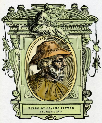 Portrett av Piero di Cosimo (ca. 1462-1521?), florentinsk maler. Gravering av godbiten "" Lives of the most excellent painters, sculptors and architects "" (The Lives of the most excellent painters, sculptors and architects) av Giorgio Vasari av Giorgio Vasari