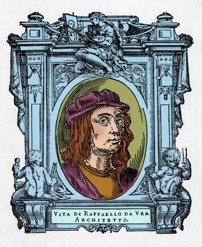 Portrett av Raphael (Raffaello Sanzio 1483 - 1520) italiensk arkitekt og maler. Gravering av godbiten "" Livene til de mest utmerkede malere, skulptører og arkitekter "" (Le Vite de' piu eccellenti pittori, scultori e architettori)  av Giorgio Vasari