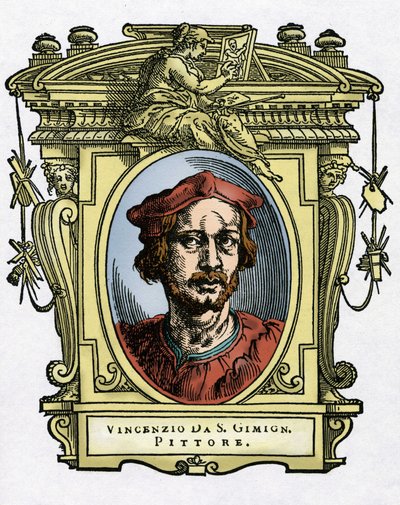 Portrett av Vincenzo TAMAGNI (Vincenzo da San Gimignano) (1492-1530) italiensk maler. Gravering av godbiten "" Livene til de mest utmerkede malere, skulptører og arkitekter "" (The Lives of the Most Excellent Painters, Sculptors and Arc av Giorgio Vasari