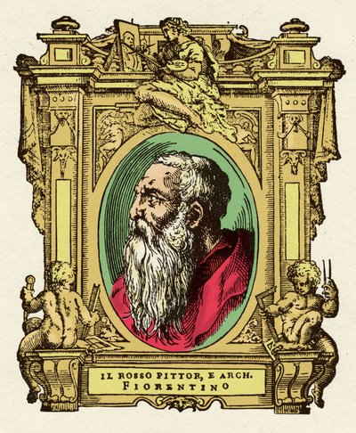 Portrett av maleren Giovanni Battista di Jacopo (Rosso Fiorentino) (1495-1540). Han var medlem av Ecole de Fontainebleau. Gravering av godbiten "" Livene til de mest utmerkede malere, skulptører og arkitekter "" (Le Vite de