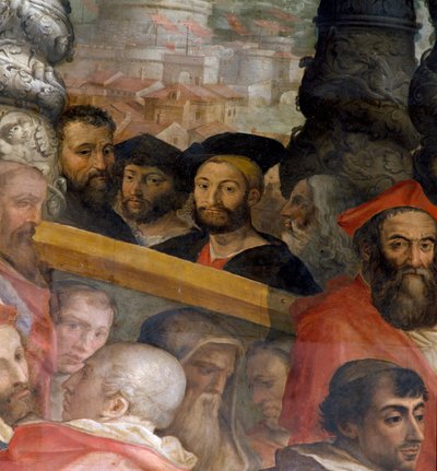 Portretter av Michelangelo, Lorenzo de "Medici, hertugen av Urbino, Giuliano dei Medici og Leonardo da Vinci, detalj fra" Pave Leo X velger utallige kardinaler ", 1553-85 av Giorgio Vasari