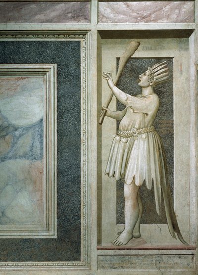 Dårskap, mannsfigur med munn lukket av en lås, en kølle i høyre hånd, hode dekket av fjær og påfuglhale, av Giotto, detalj fra syklusen av fresker The Vices and Virtues, etter restaurering i 2002, Scrovegni Chapel, Padua, Veneto , Italia. av Giotto (c.1266-1337)