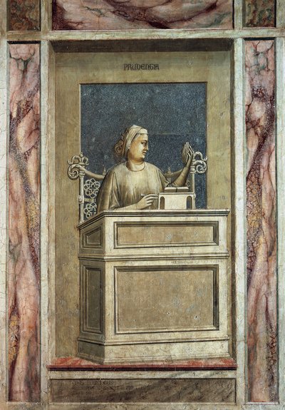 Forsiktighet, kvinneskikkelse som sitter ved et skrivebord, ser på fortiden for å lære av erfaring og leser en bok for å få lære for fremtiden, av Giotto, syklus av fresker The Vices and Virtues, etter restaureringen, Scrovegni Chapel, Padua, Veneto, Itali av Giotto (c.1266 1337)