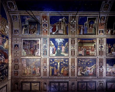 Utsikt over nordveggen som viser scener fra Jomfruens liv og Kristi liv, ca. 1305 (fresco) av Giotto (c.1266 1337)