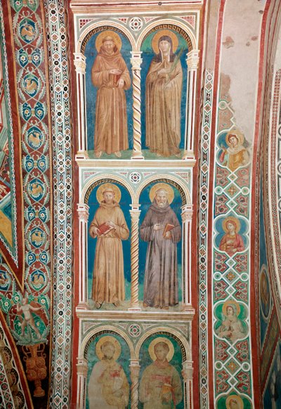 Representasjon av de hellige Francois av Assisi, St. Claire, St. Benedict og St. Anthony of Padua (Fresco) av Giotto (c.1266 1337)