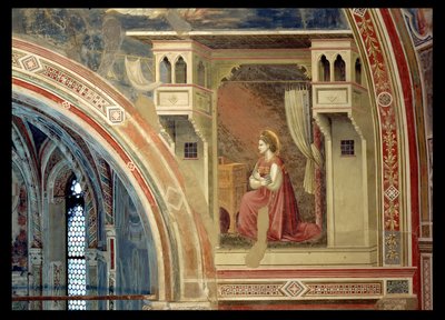 Bebudelsen, detalj av jomfruen som kneler, fra lunetten over alteret, ca. 1305 (fresco) av Giotto (c.1266-1337)