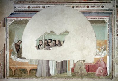 Visjoner om himmelfarten til den hellige Frans av Assisi: broren Augustin reiser seg fra sengen mens biskopen fortsatt ligger i det nære rommet, hjulpet av to tjenere ved foten av sengfresken, ca. 1325 av Giotto (c.1266-1337)