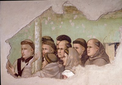 Episode av livet til Saint Francois av Assisi: "" Saint Francois dukker opp for Fra Agostino og til en eveque"" Detalj som representerer en gruppe fransiskanermunker. Fresco av Giotto da Bondone av Giotto di Bondone