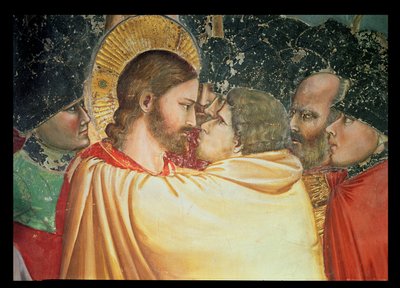 The Betrayal of Christ, detalj av kysset, ca. 1305 av Giotto di Bondone
