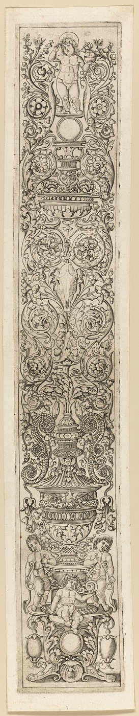Tre barn som blåser horn, plate åtte med tolv ornamentpaneler av Giovan Pietro Birago