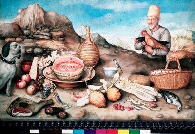 Stilleben Fisk, melon, skinke, artisjokk, selleris, vilt. Maleri av Giovanna Garzoni av Giovanna Garzoni