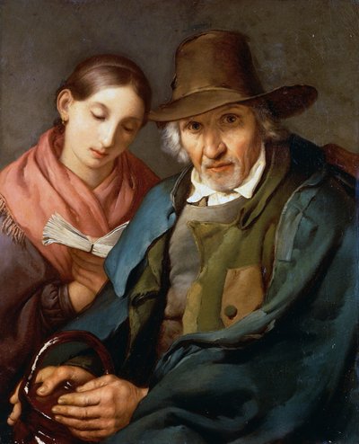 Figur av en eldre mann som sitter med en ung almue som leser en bok, av Giovanni Carnovali kjent som Piccio (1804-1873), olje på lerret, 72x59 cm av Giovanni Carnovali