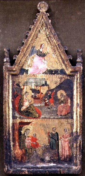 T-B: Bebudelsens engel; Fødselen og bebudelsen til hyrdene; The Adoration of the Magi, venstre fløy av en diptyk (tempera på panel) av Giovanni (attr. to) Baronzio da Rimini