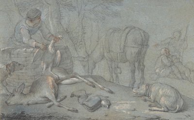 Jegere med dødt vilt i et landskap, 1600-1800. av Giovanni Agostino Cassana