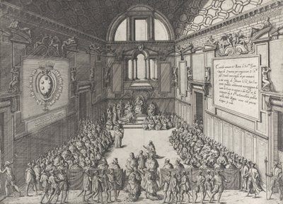 Publikum gitt av pave Pius V til Cosimo I, hertugen av Toscana, 1575-99. av Giovanni Ambrogio Brambilla