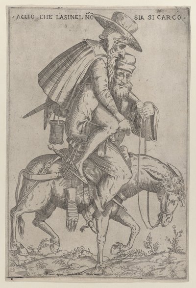 Karikatur med to menn på et muldyr, 1575-99. av Giovanni Ambrogio Brambilla