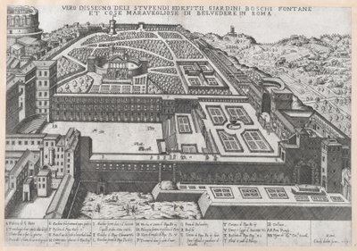 Mirror of Roman Magnificence: Luftfoto av Belvedere og dens hager, 1579., 1579. av Giovanni Ambrogio Brambilla.
