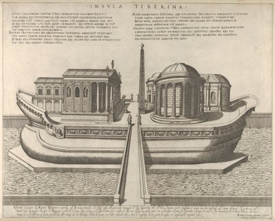 Utsikt over Tiberøya representert som et skip, Aesculapius-tempelet til venstre, 1582., 1582. av Giovanni Ambrogio Brambilla