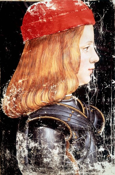Portrett av Maximilian Sforza (1490 - 1530). Miniatyr av Giovanni Ambrogio De Predis (v. 1455 - 1508). av Giovanni Ambrogio de Predis