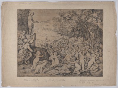 Putti foran en statue av Venus, etter Titian, 1636. av Giovanni Andrea Podesta