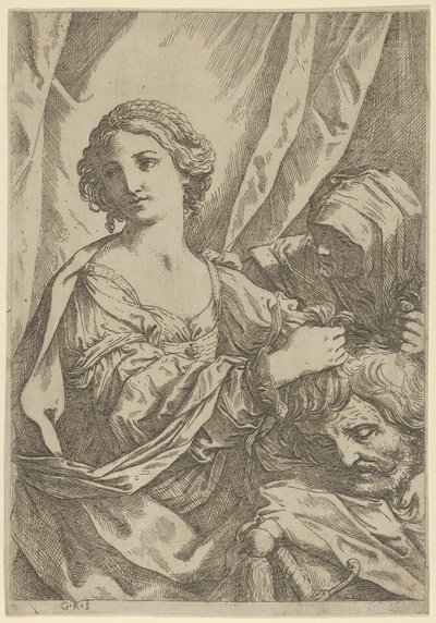 Judith griper hodet til Holofernes i håret og ser til venstre, en gammel kvinne, 1600-1640. av Giovanni Andrea Sirani