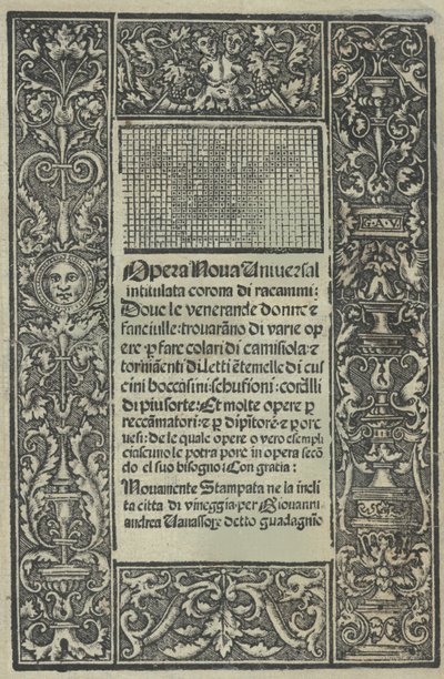 Opera Nova Universali med tittelen Corona di racammi, tittelside recto, [1530]. av Giovanni Andrea Vavassore