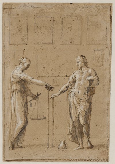 En mann og en kvinne i antikke kostymer, hver med vekt og linjal, foran en vegg med malerier. En veske på gulvet foran mannen av Giovanni Angelo Canini