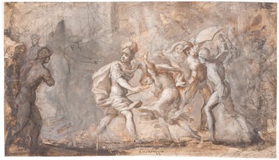Tarpeia blir knust under sabinernes skjold av Giovanni Angelo Canini