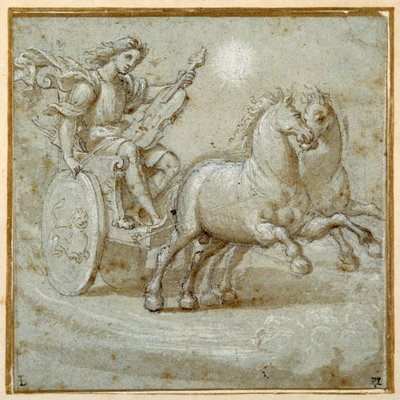 Apollo satt i vognen sin med violen (svart kritt, penn og brunt blekk med brun vask forsterket med hvit kroppsfarge på carta azzurra) av Giovanni Antonio (circle of) Pordenone